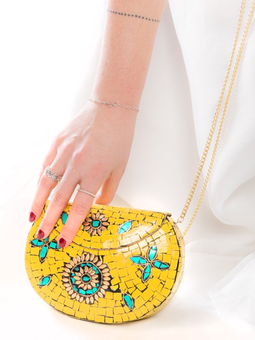 MIA MOSAIC CLUTCH | YELLOW STATEMENT BAG WITH CHAIN STRAP